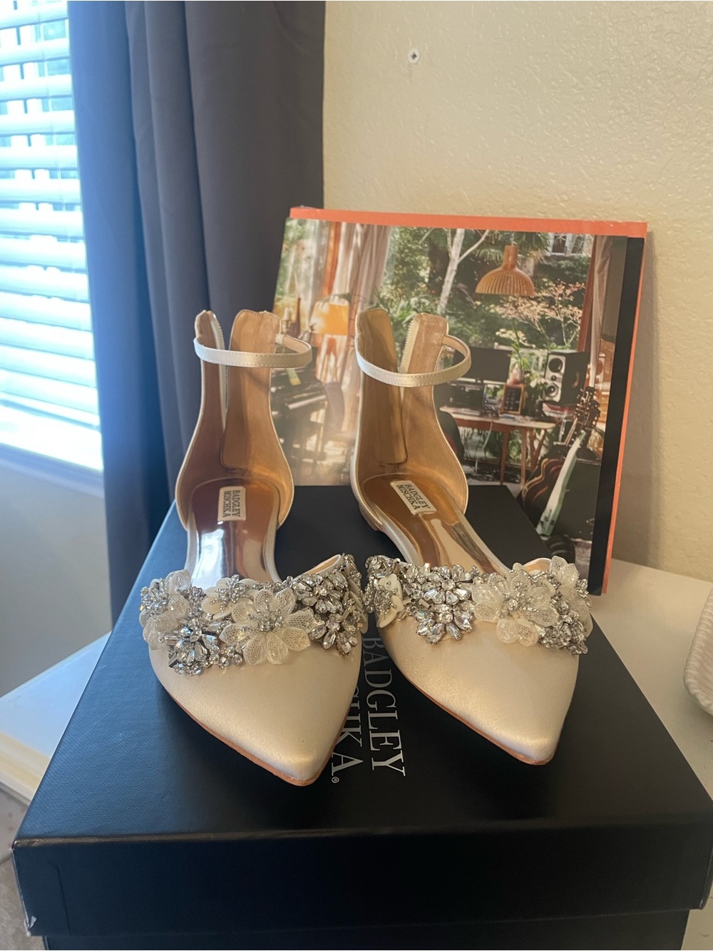 Badgley Mischka Champagne Embellished Pointed-Toe Ankle-Strap Heels